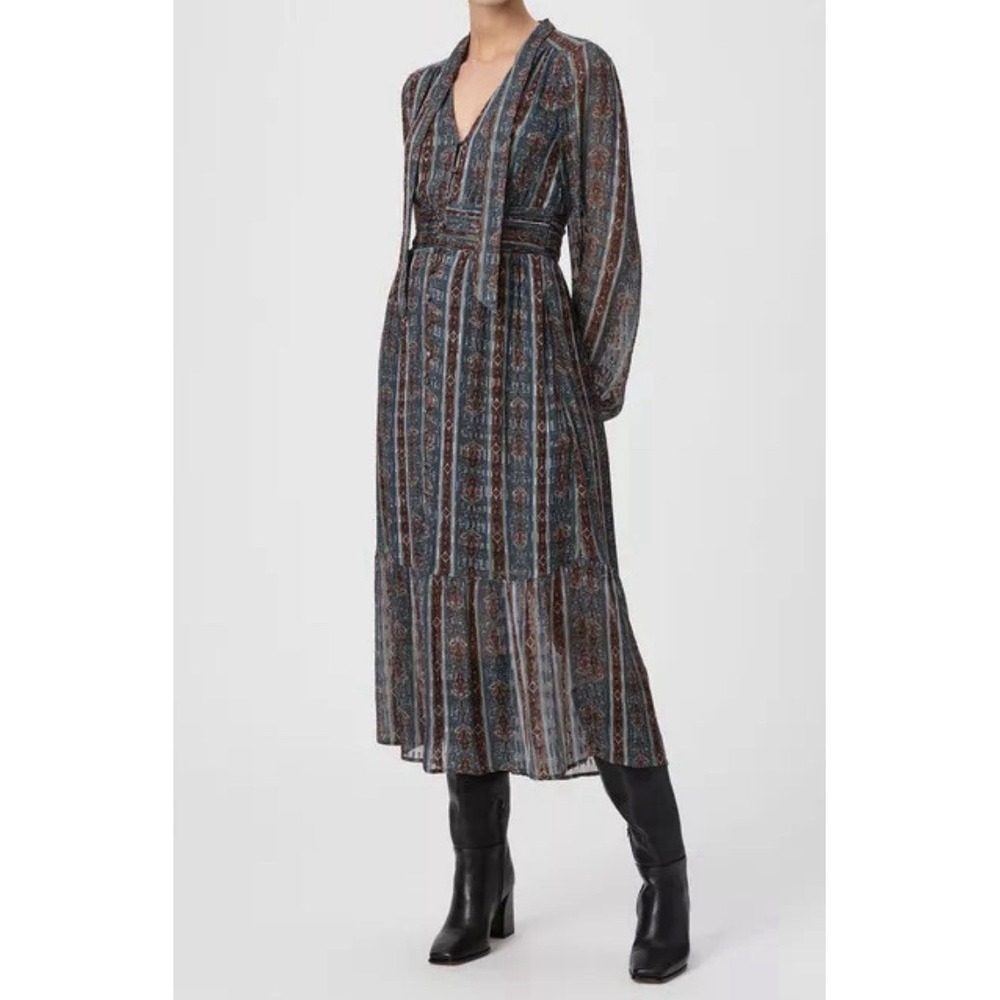 Paige Gallery Long Sleeve Silk Blend Dress-Calico Blue Multi-Size 6